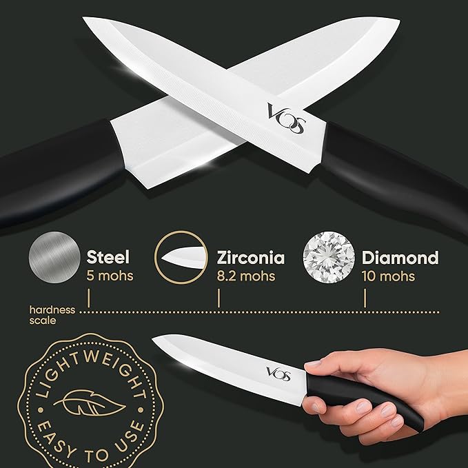 Vos Ceramic Knife Set with Block, Ceramic Knives Set For Kitchen, Ultra Sharp Kitchen Knife Set with Covers, 3" 4" 5" 6" Chef Knife, Utility, Paring & Versatile, Lightweight, Dishwasher safe (Black)