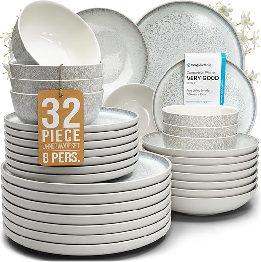 Stoneware dinnerware set 8 persons 32 pcs - Mediterranean dinnerware set, dishwasher, microwave and scratch resistant - Bowl and plate set - Dinnerware Pure Living Light Beige…