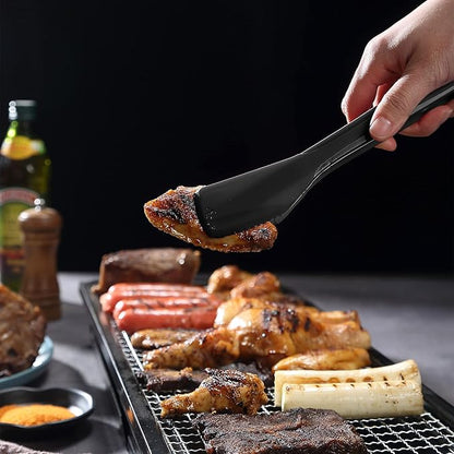 Mu&Ti Silicone Kitchen Tongs 2-in-1 11 In Premium Stainless Steel Barbecue Clamp Multipurpose BBQ Clamp Spatula for Gripper Bread Clip/Fried Steak Clamp/Flipping Fish/Beefsteak Flipper Two Set(Black)