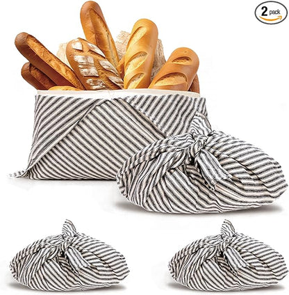 yeload 2 Pack Beeswax Bread Bags, Striped Linen Bento Bags, 14" Cotton Loaf Bag, Reusable Organic Food Storage, Sourdough Bag, Rustic Farmhouse Azuma Bukuro Origami Wrap for Baked Gifts (Black, 2)