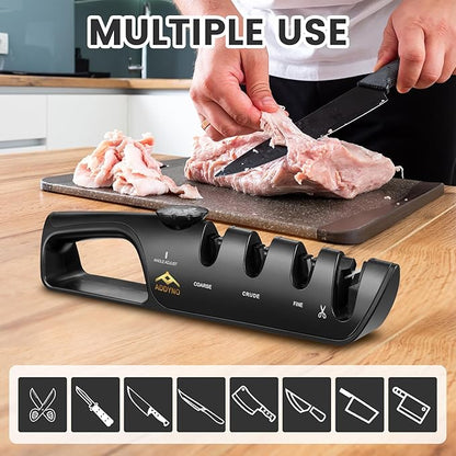 4-in-1 Knife Sharpener with Angle Guide, Adjustable Edge,3-Stage Coarse–Sharpen–Fine + Scissors Slot, Non-Slip Base & Ergonomic Handle for Kitchen Knives