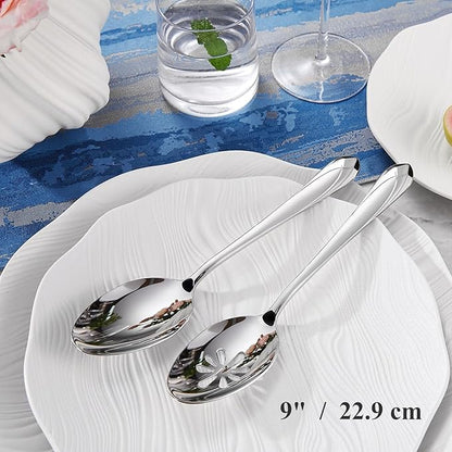KEAWELL Premium Astra 4-Piece 9 inch Spoon Set – Mirror-Finished 18/10 Stainless Steel with Diamond-Faceted Handles Dishwasher Safe for Modern Dining (4, Serving Spoons and Slotted Spoons)