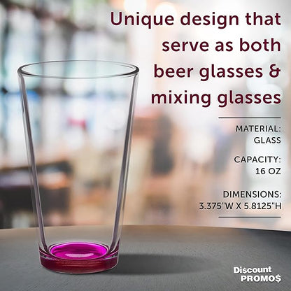 DISCOUNT PROMOS Arc Pint Glass 16 oz. Set of 10, Bulk Pack - Beer Glasses, Heavy Duty Drinkware - Pink