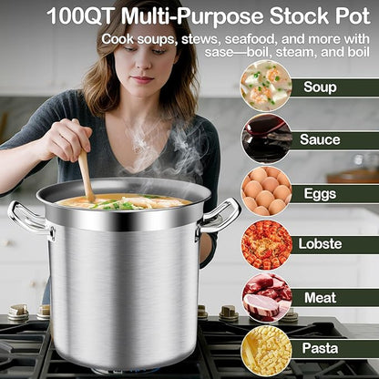 Stainless Steel Stock Pot,100 QT Large Stock Pot with Lid, Heavy Duty Tri-Ply Bottom Commercial Grade Stock Pots for Boiling Cooking Soup Stew Thick Bottom Deep Cookware Big Stockpots