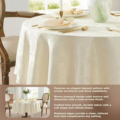 Newbridge Barcelona Luxury Damask Fabric Tablecloth, 108” Round, Antique White, 100% Polyester, No Iron, Soil Resistant Dining Room, Party and Banquet Table Cover