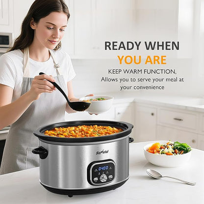 Sunvivi Slow Stew Pot - Electronic - Stainless Steel Color -8.5 QT: Multi-Cooker Food Warmer with Delay Function, Adjustable Tempature Control, Dishwasher Safe, Perfect for Families, Sliver