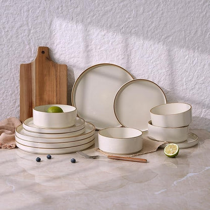 Famiware Nebula Plates and Bowls Sets for 4, 12 Pieces Stoneware Dinnerware Set, Microwave and Dishwasher Safe Dishes Set, Vanilla White with Brown Rim