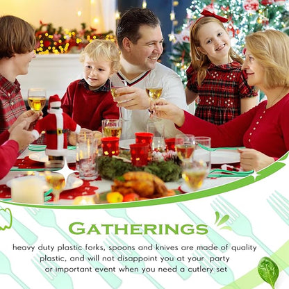 Minatee 150 Pieces Disposable Cutlery Set Plastic Silverware Heavy Duty Utensil Sets 50 Forks 50 Knives 50 Spoons for Home Office School Party Picnics Restaurant Outdoor Events(Green)