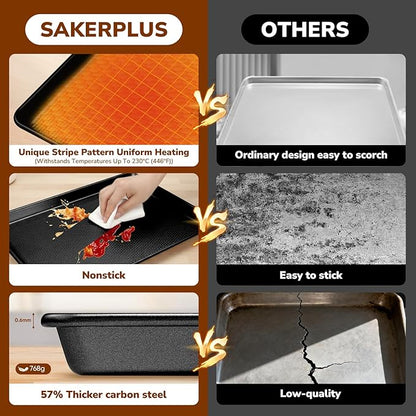 Nonstick Baking Sheet Pan Set of 3, Heavy Duty Cookie Sheets for Oven, 0.6mm Thick Quarter Size & Half Size & Jelly Roll Pan, Rustproof & Easy Clean with Textured Surface(Black)