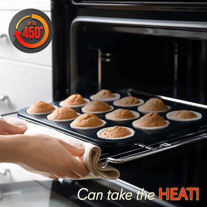 NutriChef Stackable Non-Stick Baking Pans Set – Carbon Steel Bakeware Set w/ Cookie Sheet, Muffin & Loaf Pan, Double Coated for Easy Release, Oven & Dishwasher Safe, Resists Warping, – Easy to Clean