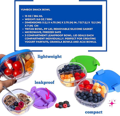 Yumbox Snack Bowl, Leakproof 3 Compartments, Removable Lid, Microwave, Dishwasher Safe, Kids Snacks, Granola Bowl, Snacks for school, work, travel