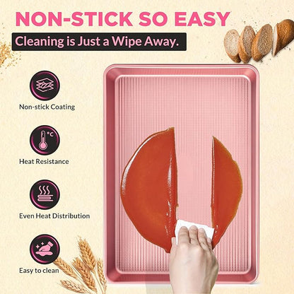 Saker nonstick baking sheet pan set,Multi-Use Non-Stick Baking Pan Set, Stackable Carbon Steel Cookie Sheets for Even Baking, Roasting & Meal Prep, Oven Safe & Easy Clean (pink)