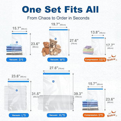 HOUSE DAY 30 Pack Vacuum Storage Bags with Electric Pump, 4 Sizes + 2 Roll-Up (5 Each), Space Saver Vacuum Seal Bags for Clothing, Bedding, Pillows, Travel – Airtight Seal, Reusable & Durable
