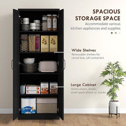 HOMCOM 63" 2-Door Kitchen Pantry, Freestanding Storage Cabinet with 5-Tier Shelving and 2 Adjustable Shelves for Dining Room, Black Wood Grain