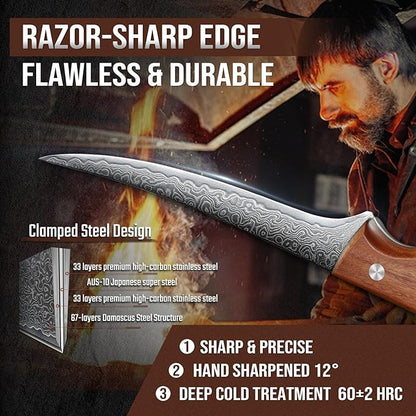 DRAGON RIOT Damascus Boning Knife 6 inch, Professional VG-10 Steel Japanese Fillet Knife, Flexible Deboning Knife,Kitchen Trimming Knife with Ergonomic Wood Handle, Premium Gift Box