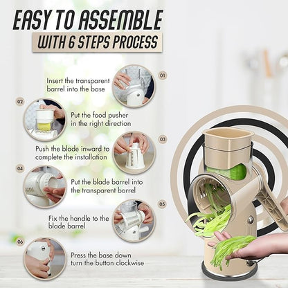5-in-1 Rotary Cheese Grater with Hand Crank – Multi-Functional Vegetable Slicer, Nut & Cheese Shredder – Easy to Clean Food Grater (Beige)