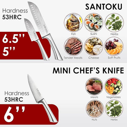 Cuisine::pro Damashiro 8-Piece Satori Knife Block - Japanese Steel Knife Set with Acacia Wood Knife Block -Damascus-Inspired Blade