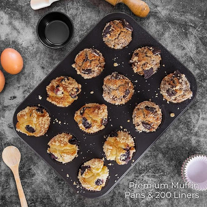 CARTMAN 1 Muffin Pan with 200 Cupcake Liners, Nonstick 12-Cup Muffin Tin, Carbon Steel Cupcake Pan for Baking Muffins, Egg Bites, Brownies & More