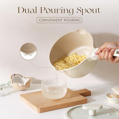 PRICUSIS Ceramic Nonstick Saucepan with Lid, 2 Quart Non Toxic Pot with Pour Spouts, Full Coated, 100% Dishwasher Safe, Induction Compatible & Oven Safe, PTFE PFAS & PFOA Free, Coconut White