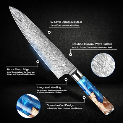 SENKEN 7-Piece Damascus Kitchen Knife Set - Tsunami Collection - 67-Layer Japanese VG10 Steel - Chef's Knife, Cleaver, Santoku, Bread, Boning, & More