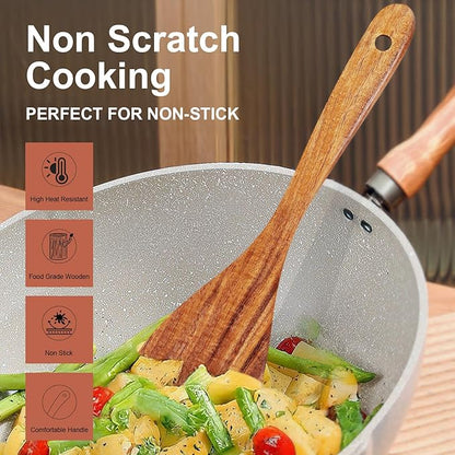 3Pcs Wooden Spatulas, Wooden Spatula for Cooking Long Handle Frying Turner Non-Stick Slotted Spurtle and Wood Scraper for Flipping, Scraping, and Turning, Cooking Utensils Set