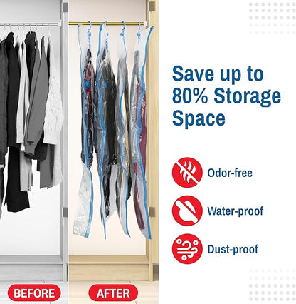 Hanging Vacuum Storage Bags for Clothes & Coats – 8 Pack (4 Small & 4 Large) Vacuum Seal Garment Bags for Hanging Storage – Space Saving Compression Bags for Clothing, Jackets – Transparent