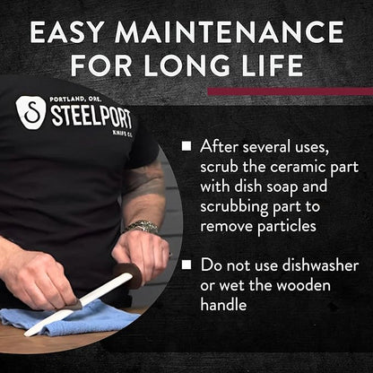 STEELPORT 12 inch Oval Ceramic Honing Rod | Professional Knife Sharpener Rod with Oregon Black Walnut Handle, Safety Guard | Premium Serrated Blade Sharpener For All Knife Types