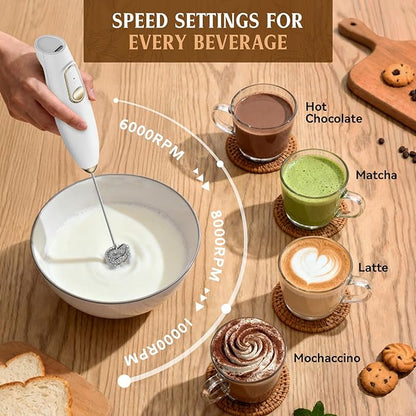 Milk Frother Handheld, Rechargeable Coffee Frother Wand with Stand, Electric Frother for Lattes, Cappuccinos, Matcha, Drinks, Espumador de Leche Electrico