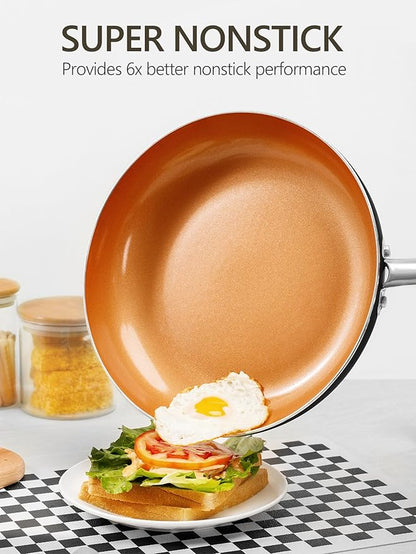 MICHELANGELO 10 Inch Copper Nonstick Frying Pan with Lid, Scratch Resistant Ceramic Coating, Oven and Dishwasher Safe