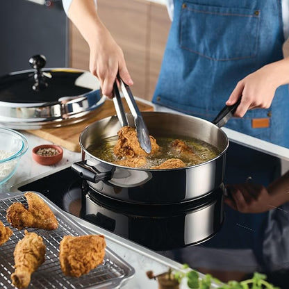 Farberware Classic Series Anniversary Edition Stainless Steel Sauté Pan and Lid with Helper Handle, Induction Suitable, 6 Quart Jumbo Cooker, Metal Utensil Safe - Stainless Steel