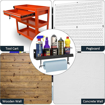 UNITEDPOWER 5 Aerosol Spray Can/Paper Towel Holder, Paint Bottle Storage Rack, Steel Wall Mount Shelf, Tool Organizer for Garage, Craft Workspace and Home