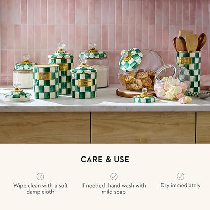 MACKENZIE-CHILDS Small Enamel Canister, Kitchen Storage Container with Lid, Green-and-White Emerald Check