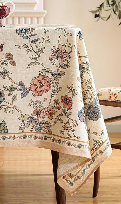ISAENNE Designer French Light Beige Tablecloth Rectangular,Linen Florals and Birds Pattern Table Cloth,Anti-Wrinkle Decorative Tablecloths for Dining Thanksgiving Kitchen,55"*87"-Cornucopia