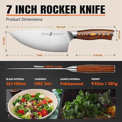 TUO Rocker Knife, 7 inch Salad Chopper Chef Knife for Herb Rocking and Veggie Chopping, Vegetable Cleaver in High Carbon Steel with Ergonomic Handle - Fiery Phoenix Series