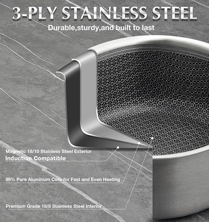 KOCH SYSTEME CS Hybrid Nonstick Stainless Steel Saucepan, 2 Quart Tri-Ply Stainless Steel Sauce Pan with Nonstick Honeycomb Interior, Hybrid Sauce Pan with Lid, Small Steel Pot, Induction Compatible