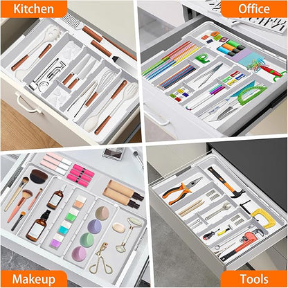 Large Utensil Drawer Organizer Expandable Silverware Organizer for Kitchen Drawer Adjustable Cooking Utensil Holder Cutlery Flatware Tray Spatula Tools Gadgets Storage Dividers Plastic White