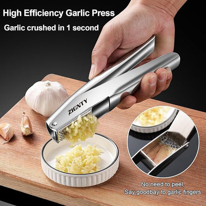 Garlic Press Stainless Steel, Professional Mincer No Need to Peel, Large Trough Presser Ergonomic Handle Easy Squeeze, Ginger Crusher & Masher Dishwasher Safe Rust Proof