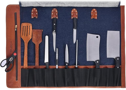 Leather Knife Roll Storage Bag, Elastic and Expandable 10 Pockets, Adjustable/Detachable Shoulder Strap, Travel-Friendly Chef Knife Case (Currant, Canvas)