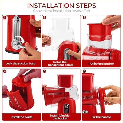 SUSTEAS Rotary Cheese Grater with Handle - Vegetable Shredder with 5 Well-designed Blades & Strong Suction Base,Round Mandoline Slicer & Food Chopper for Kitchen,with Blade Storage Box(Red)