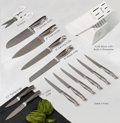 Styled Settings Stainless Steel Knife Set with Built In Sharpener - 14 Piece Ultra Sharp, High Carbon Stainless Steel Kitchen Knife Set Includes White Knife Block with Sharpener Built In