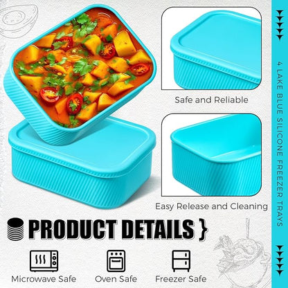 Nuogo 4 Pcs 6 Cup Silicone Freezer Trays with Lid Soup Containers Reusable Freezer Silicone Molds Rectangle Containers Ice Trays for Soups Sauces Stews Curries, Lake Blue