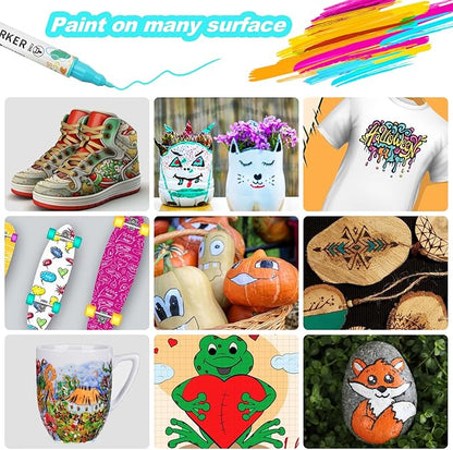 60 Colors Acrylic Paint Pens, Dual Tip Acrylic Paint Markers for Paper, Wood, Canvas, Stone, Rock Painting, Glass, Fabric, DIY, Ceramic, Art Supplies for Kids and Adults Drawing (Dot + Fine)