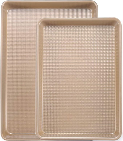 Cookie Sheets for Baking Nonstick, 2 Pack Heavy Duty 0.8mm Baking Sheet Pan Set Quarter(9x13in) & Jelly Roll(10x15in) with Diamond Texture, Gold Commercial Grade, Small Oven Safe