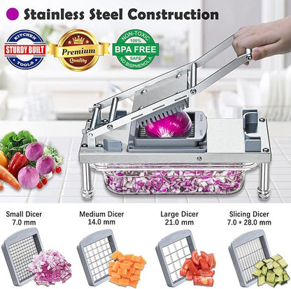 Stainless Steel Vegetable Chopper with 4 Blades - Pro Food Chopper with Container - Veggie Salad Onion Chopper - Potato Dicer - Tomato Cutter