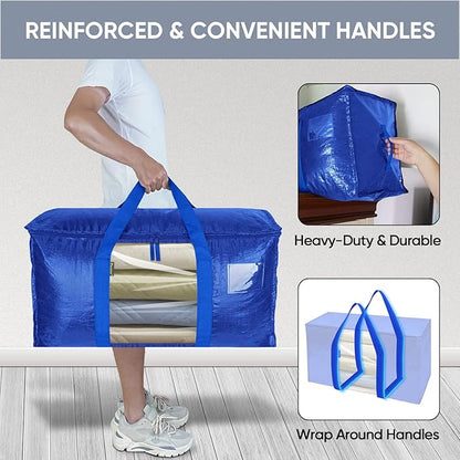 BALEINE 8-Pack Oversized Moving Bags with Reinforced Handles, Heavy-Duty Storage Tote Moving Supplies for Packaging, Camping (Blue w/Window, 8-Pack)
