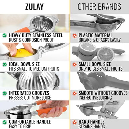 Zulay Kitchen Lemon Squeezer Stainless Steel with Premium Heavy Duty Solid Metal Squeezer Bowl and Food Grade Silicone Handles - Large Manual Citrus Press Juicer and SS Lime Squeezer (Orange)