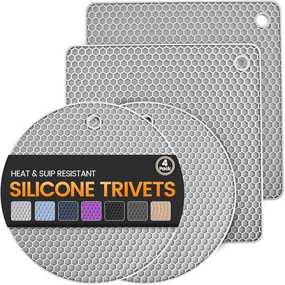 Silicone Trivet Mats 4 Heat Resistant Pot Holders Multipurpose Non-Slip Hot Pads for Kitchen Potholders, Drying mat, Jar Opener, Spoon Holder, Coaster(Nordic Grey)