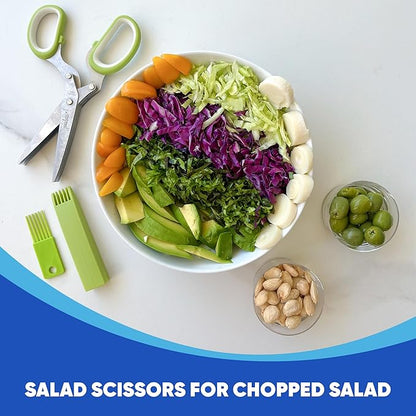 Jenaluca 5 Blade Herb Scissors - Cut & Chop Fresh Herbs & Leafy Greens - Salad Scissors - Stainless Steel Kitchen Shear Set with Cleaning Comb & Safety Cover - Kitchen Gadget - Green