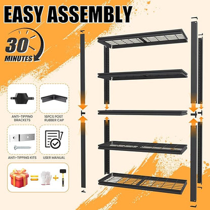 Heavy Duty Garage Shelving, Metal Storage Shelves, 5 Tier Adjustable Storage Shelves, Metel Shelving, Industrial Utility Rack for Garage, Warehouse, Workshop, 72" H×35" W×16" D