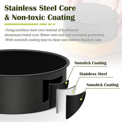 E-far 8 x 3 Inch Cake Pan Set of 3, Nonstick Stainless Steel Round Cake Pans Tin for Baking Birthday Wedding Layer Cakes, Stainless Steel Core & Non-toxic Coating, Deep & Straight Side